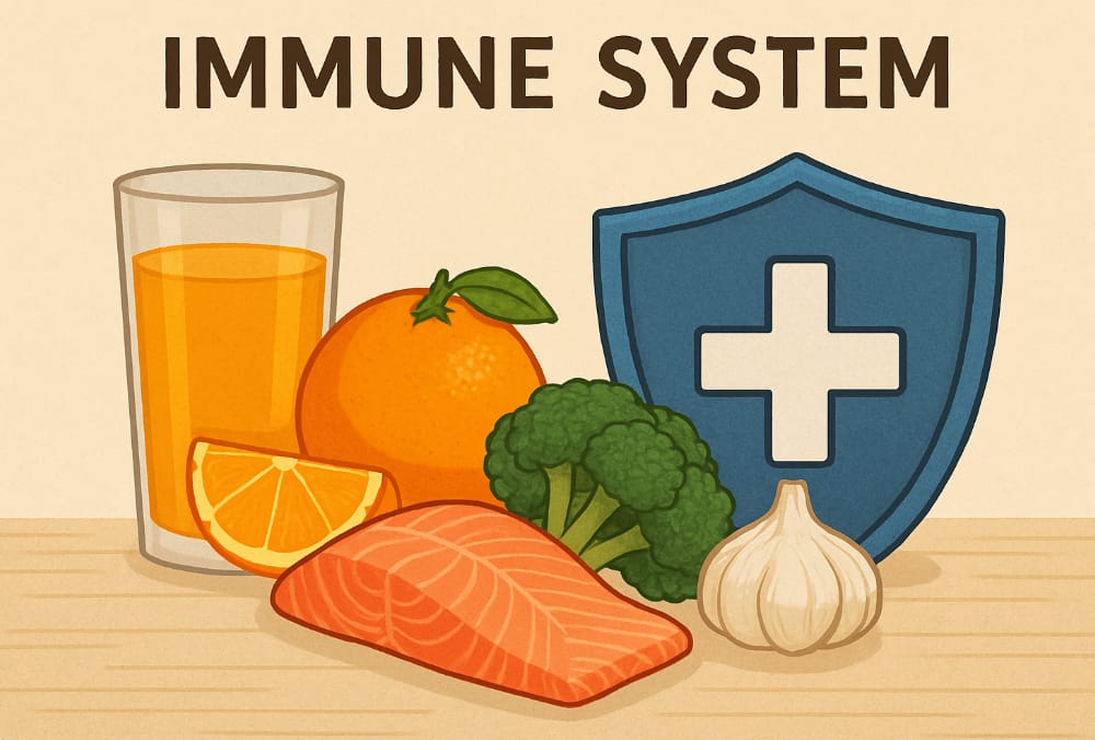 Immune-boosting foods with shield symbolizing body defense