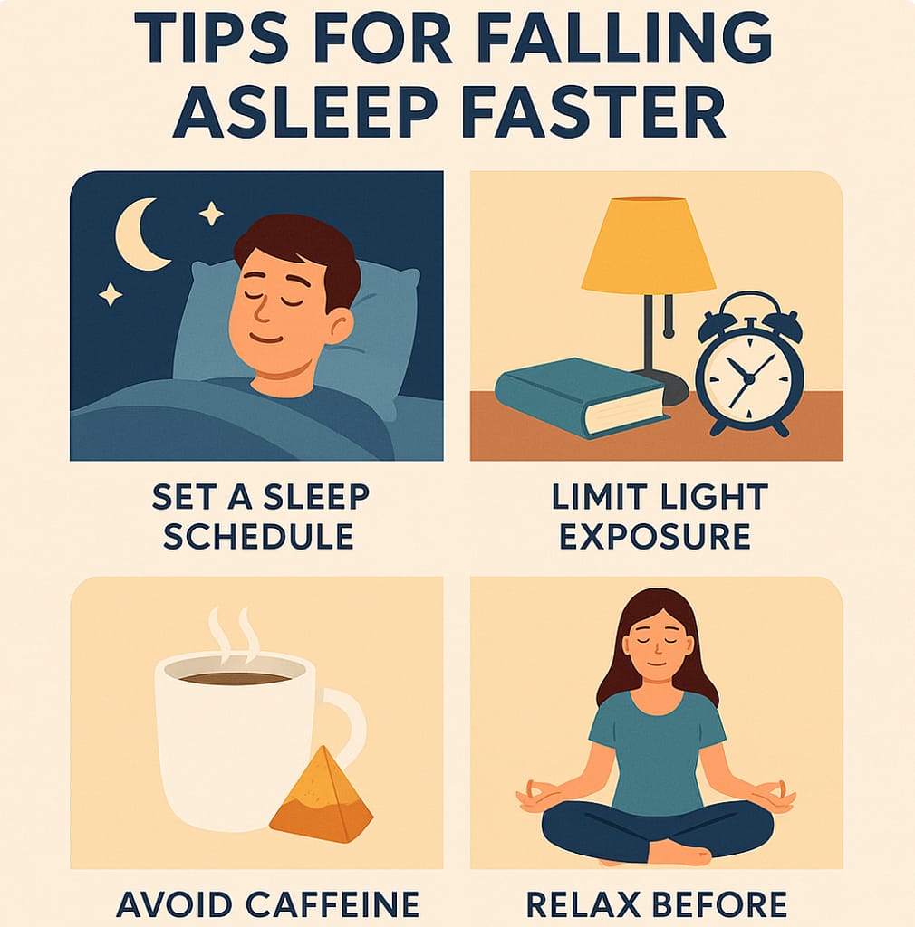 Illustrated infographic showing sleep improvement tips like limiting light, avoiding caffeine, and relaxing before bed