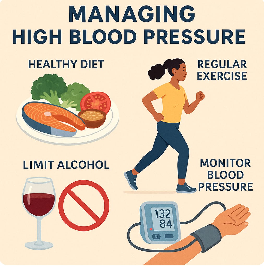Educational infographic illustrating how to manage high blood pressure with diet, exercise, and monitoring