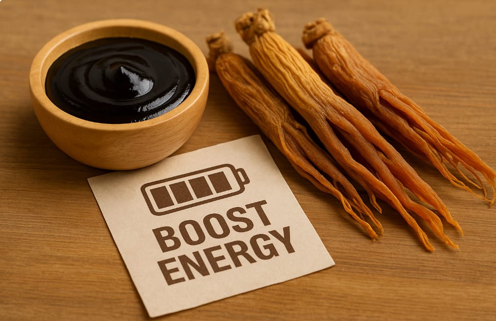 Korean red ginseng root and extract with boost energy text