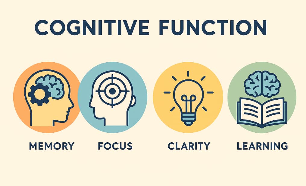 Infographic icons for memory, focus, clarity, and learning
