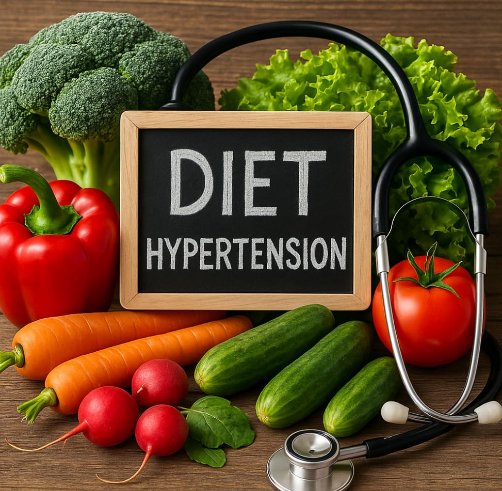 Fresh vegetables and stethoscope symbolizing diet and hypertension management with Korean ginseng benefits