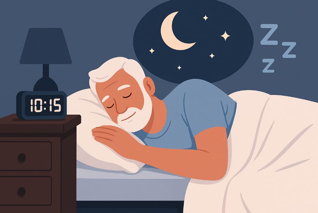 Elderly man sleeping peacefully at night with clock and moon in background