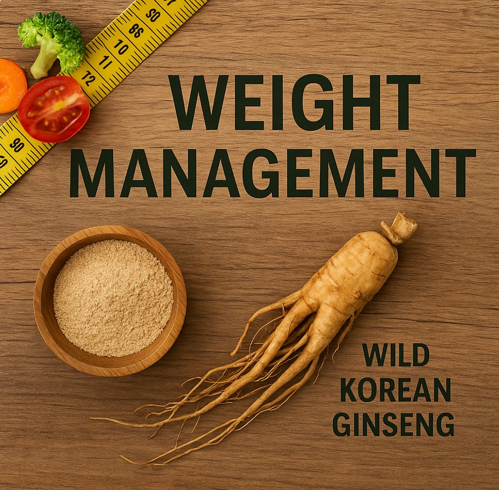 Korean wild ginseng root and powder with vegetables and measuring tape for weight management