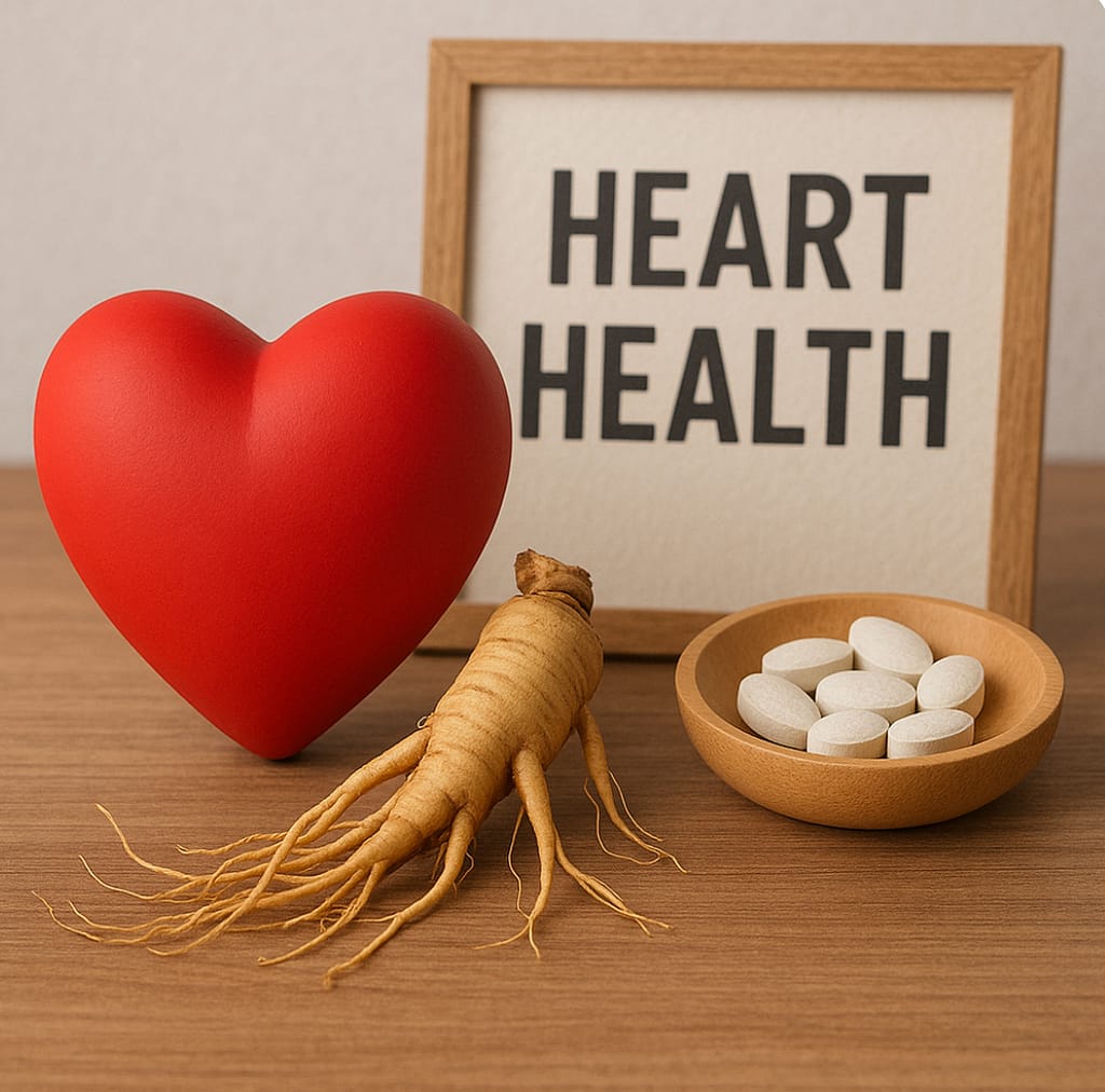 Korean ginseng root with a red heart model symbolizing cardiovascular health