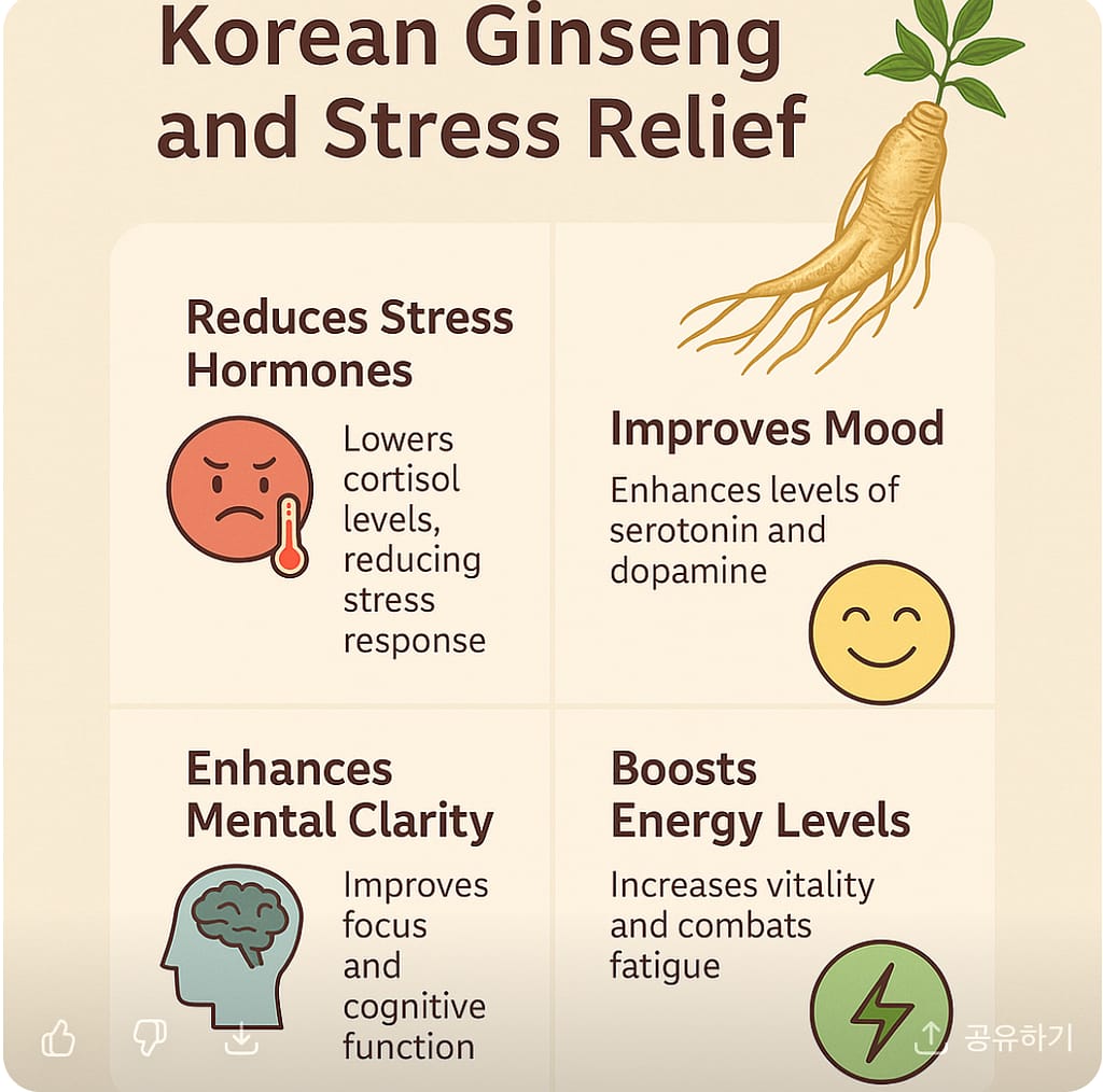 Infographic explaining Korean ginseng’s role in stress relief, highlighting reduced cortisol, mood improvement, mental clarity, and energy boost