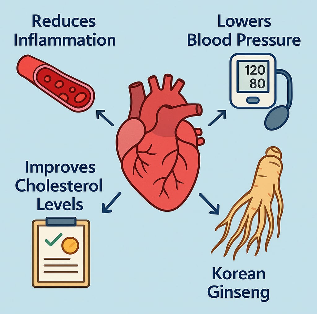 Infographic showing Korean Ginseng’s benefits for heart health: reduces inflammation, lowers blood pressure, improves cholesterol