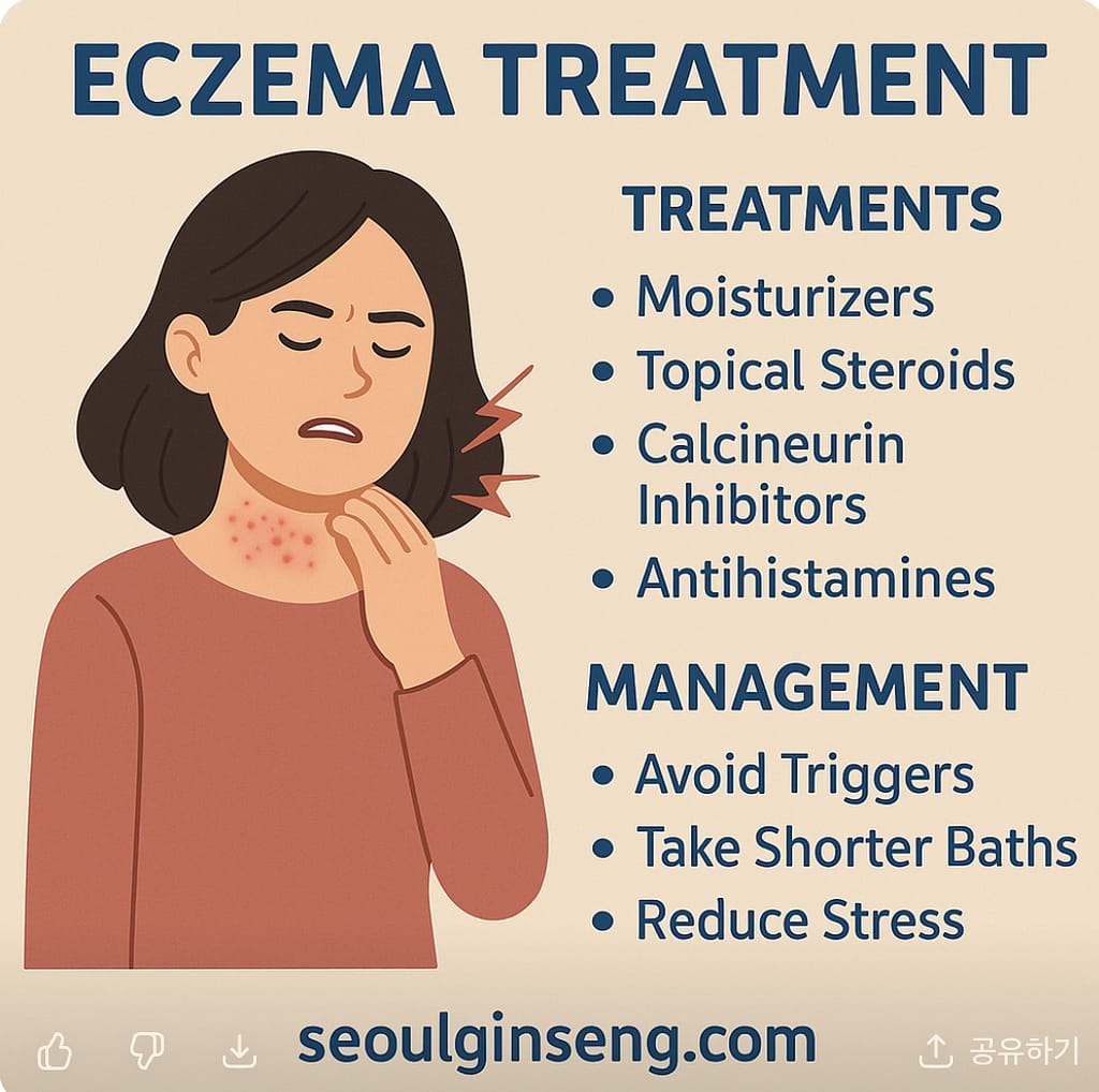 Illustration of woman with eczema rash on neck, showing treatments and management tips