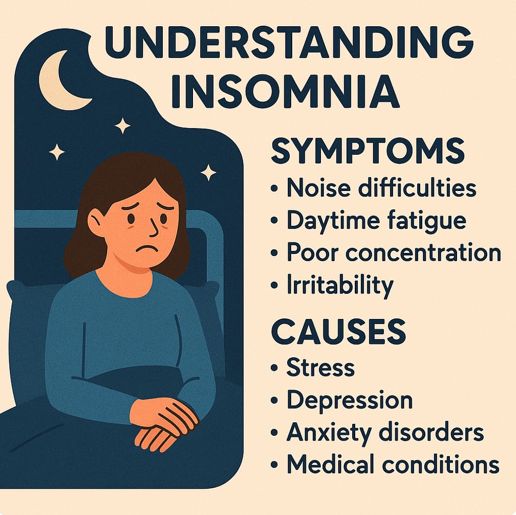 Infographic explaining insomnia symptoms and causes.