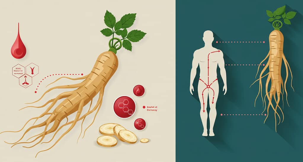 Korean Red Ginseng roots and tea supporting male vitality and circulation