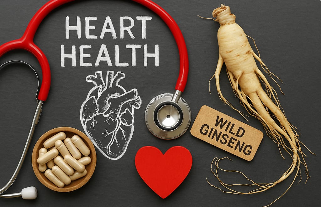 Wild Korean ginseng root with stethoscope and heart illustration symbolizing cardiovascular health.