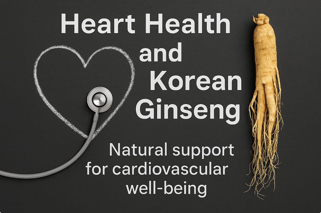A stethoscope with a heart outline next to a Korean ginseng root symbolizing natural cardiovascular support