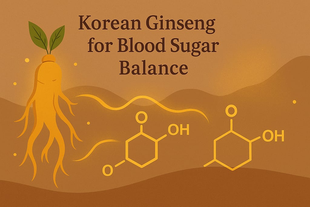 A peaceful illustration of Korean Ginseng supporting balanced blood sugar and calm energy.