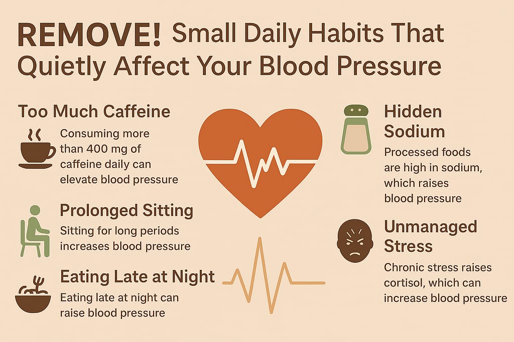 Flat-style infographic showing lifestyle habits that affect blood pressure, such as stress, sodium, and caffeine