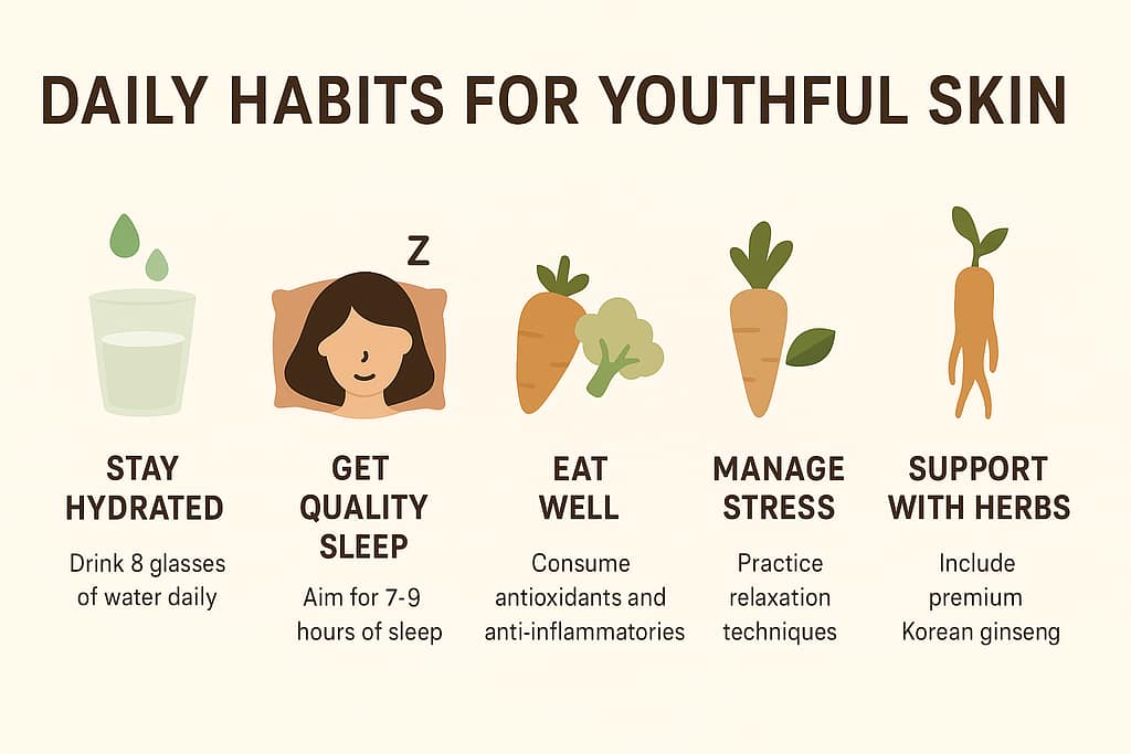 Illustration showing healthy lifestyle habits for glowing, youthful skin