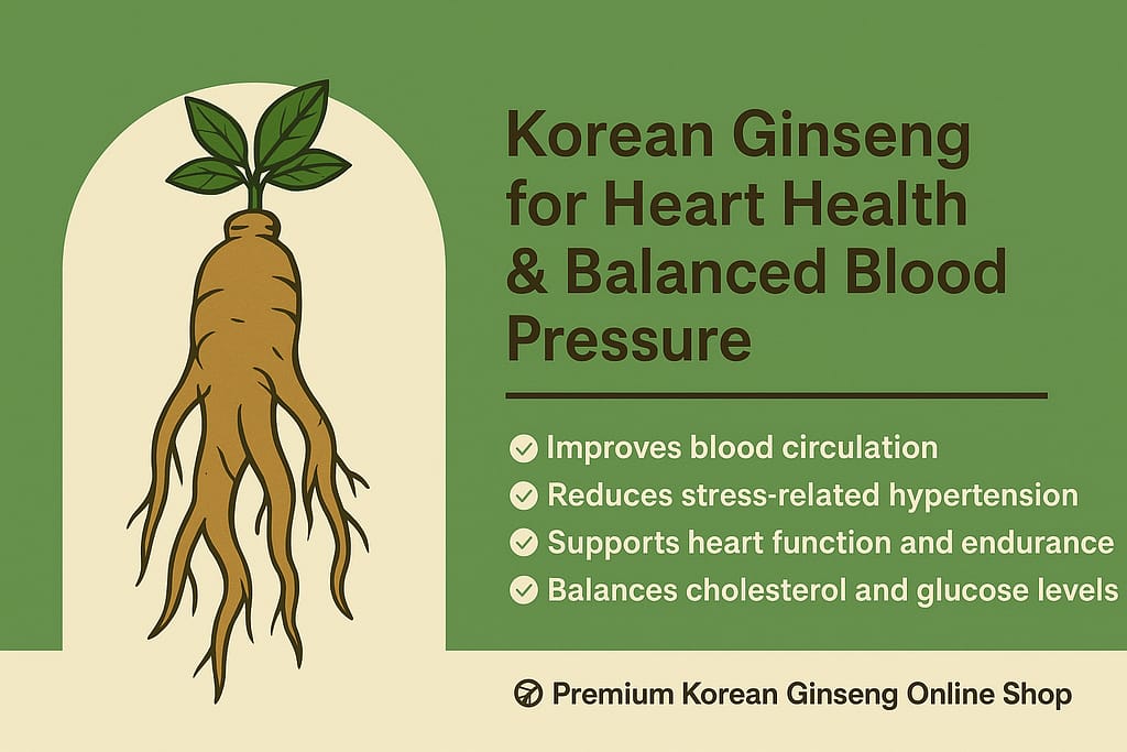 Illustration of Korean Ginseng roots promoting heart health and balanced blood pressure