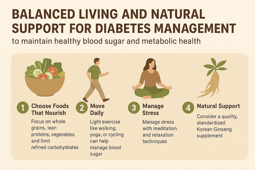 Infographic showing lifestyle tips for diabetes management with natural support from Korean Ginseng.