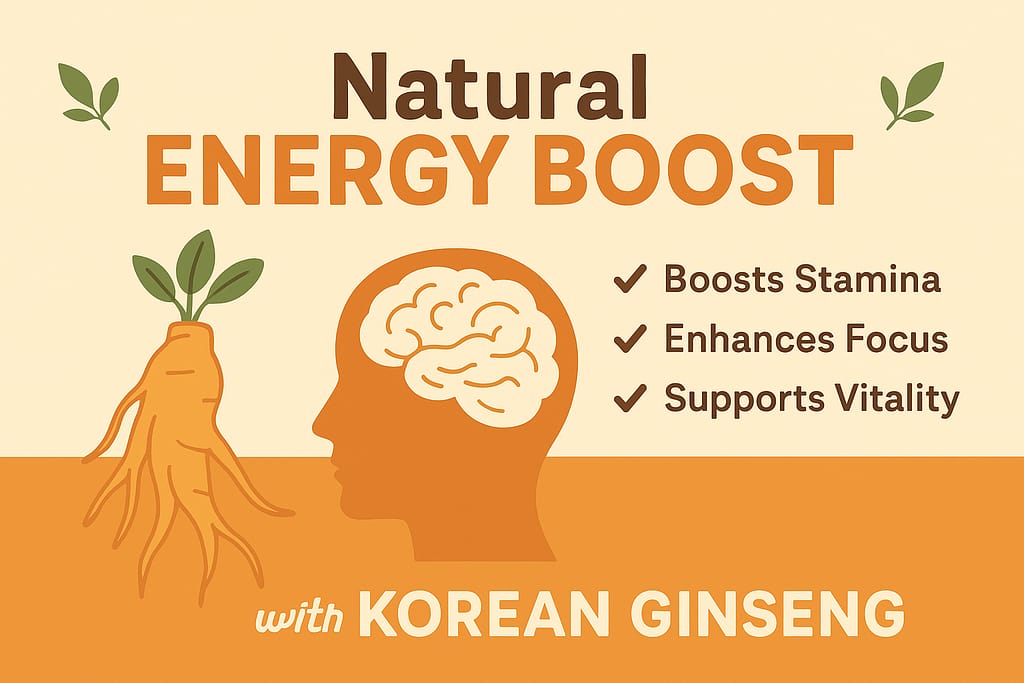 A flat-style illustration showing Korean Ginseng boosting natural energy levels.