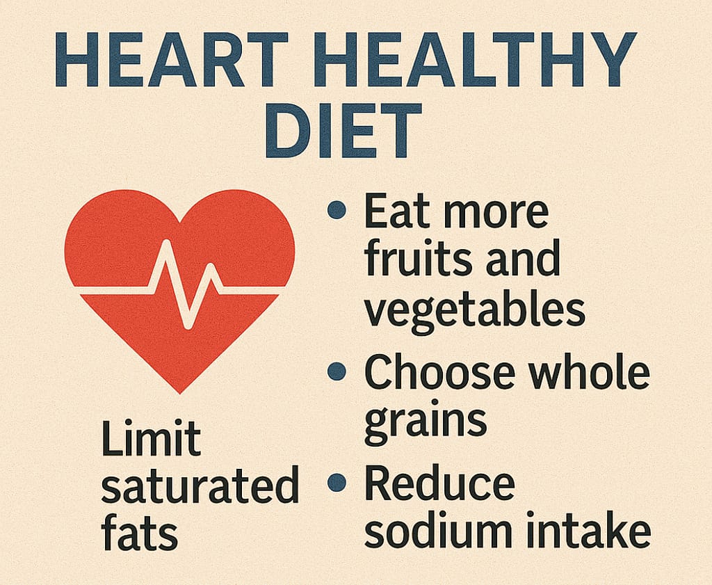 Infographic highlighting heart-healthy diet tips with heart and ECG illustration