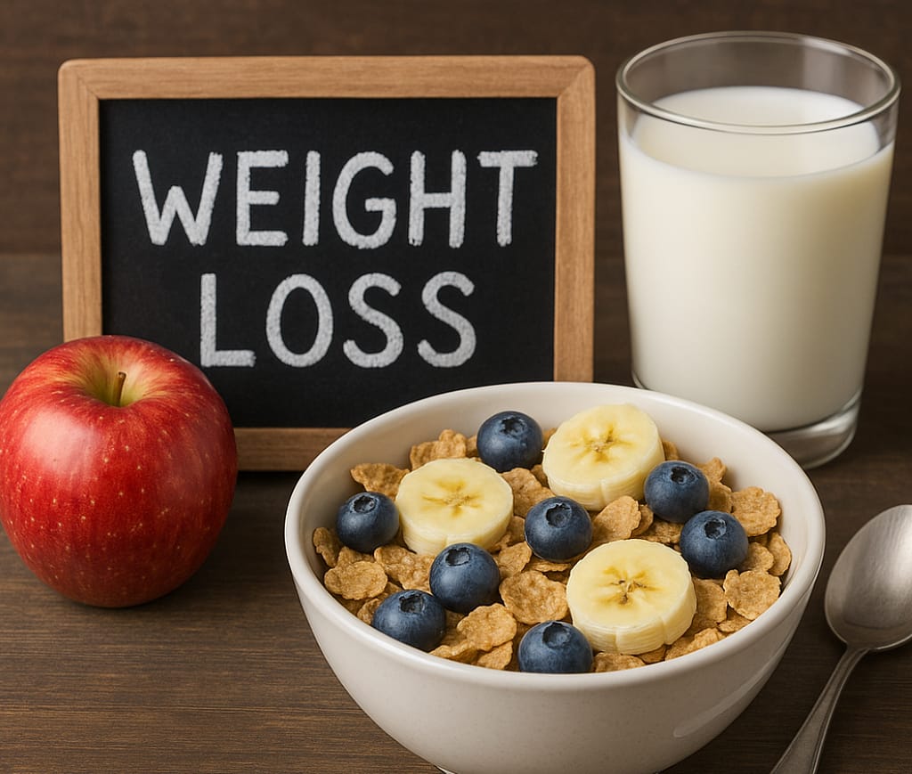 Healthy weight loss breakfast with cereal, fruit, milk, and chalkboard labeled weight loss
