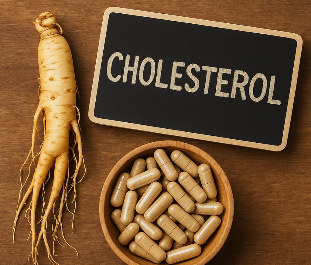 Korean ginseng root with capsules and chalkboard labeled cholesterol