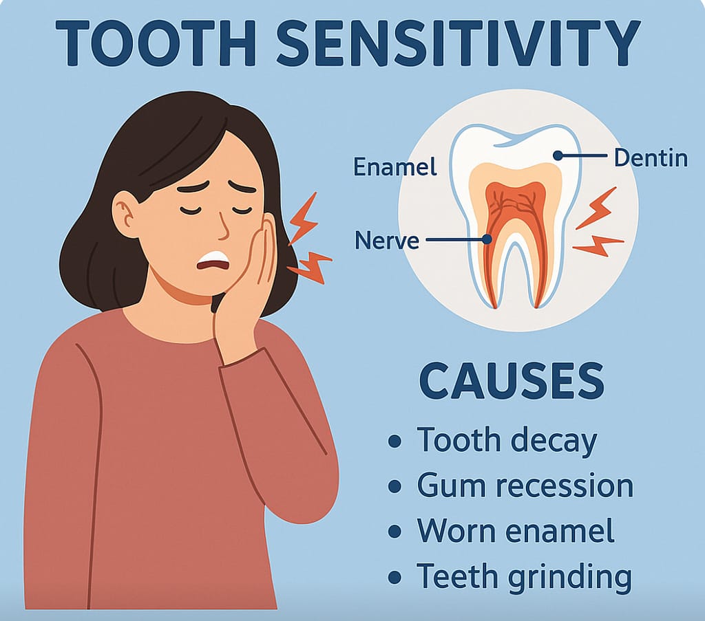 Alt text: A woman experiencing tooth sensitivity with diagram showing enamel, dentin, and nerves