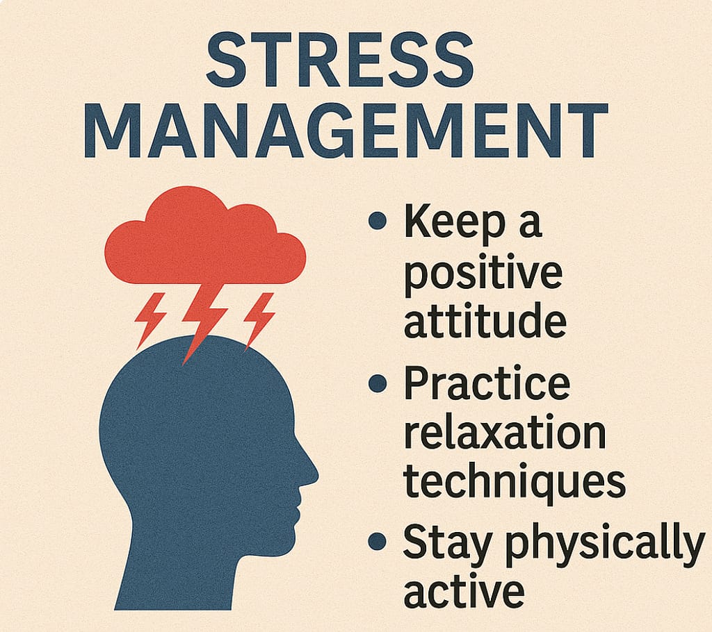stress management tips with head silhouette and stress symbols