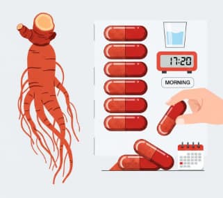 Korean Red Ginseng roots and supplements arranged for a daily routine