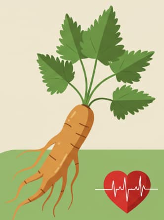 Korean Red Ginseng and heart symbol representing natural cholesterol balance and cardiovascular protection
