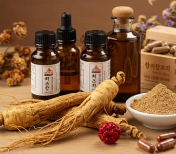 Various Korean Red Ginseng forms including extracts, powders, capsules, and tea on a wooden table