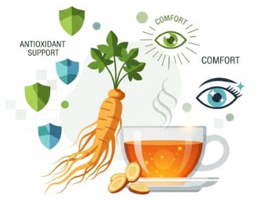 Korean ginseng roots and tea supporting visual comfort and digital eye strain