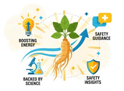 Scientific illustration showing ginseng root supporting natural energy and vitality