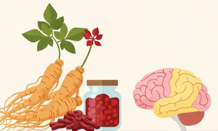 Korean Red Ginseng root and extract on a desk beside a brain model, symbolizing improved memory and focus.