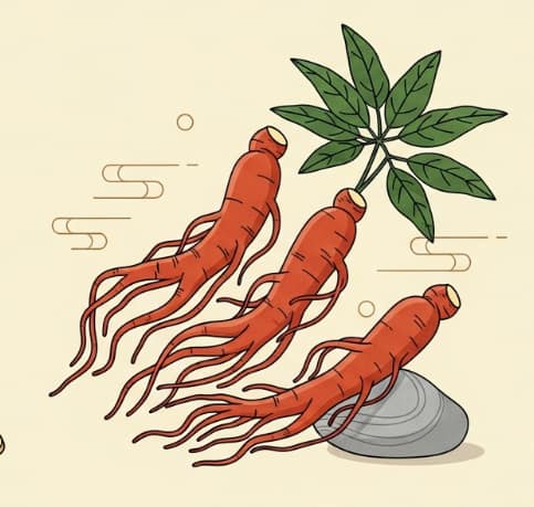 Korean Red Ginseng roots and tea with calm minimalist background representing stress relief and hormonal balance.