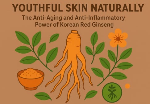 Korean Red Ginseng roots and skincare products representing natural anti-aging and anti-inflammatory benefits