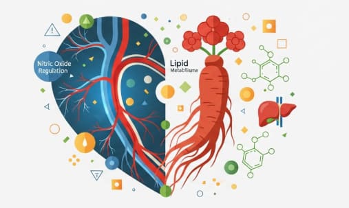 Korean Red Ginseng roots with anatomical heart illustration representing natural cardiovascular support.