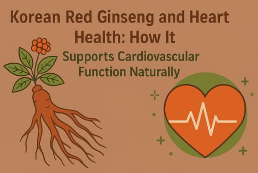 Korean Red Ginseng roots with a heart symbol representing cardiovascular health benefits