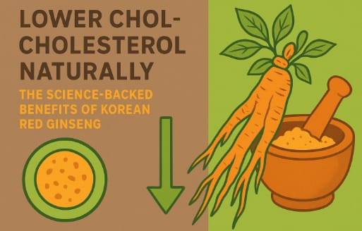 Korean Red Ginseng roots and heart symbol showing cholesterol balance and artery health