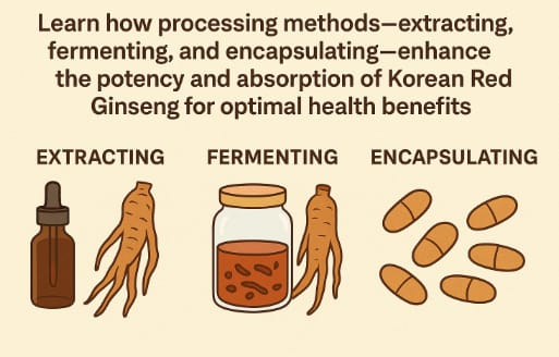 Various forms of processed Korean Red Ginseng including extract, powder, capsules, and fermented liquid