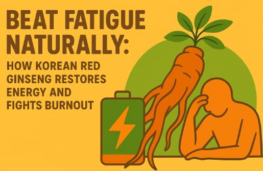 Korean Red Ginseng roots and tonic symbolizing natural energy and fatigue recovery