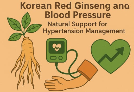 Korean Red Ginseng roots with heart and blood pressure gauge symbolizing cardiovascular health