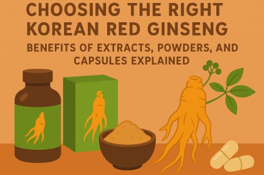 Various forms of Korean Red Ginseng — extract, powder, and capsules on a natural wooden background