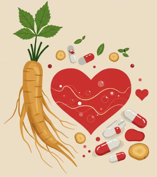 Korean Red Ginseng roots with heart and blood pressure monitor symbolizing natural circulation support