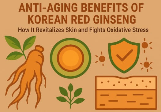 Korean red ginseng roots and skincare products representing natural anti-aging benefits