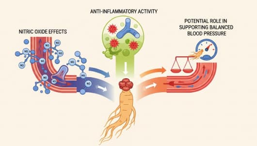 Panax ginseng root illustration supporting healthy blood pressure and cardiovascular function