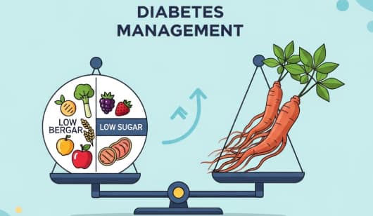 Illustration showing a healthy low-sugar diet with Korean ginseng for diabetes management