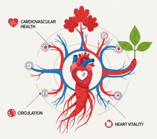 Premium Korean Red Ginseng roots placed beside a symbolic heart model, representing natural cardiovascular support.