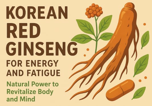 Korean Red Ginseng roots and tea symbolizing natural energy and fatigue recovery
