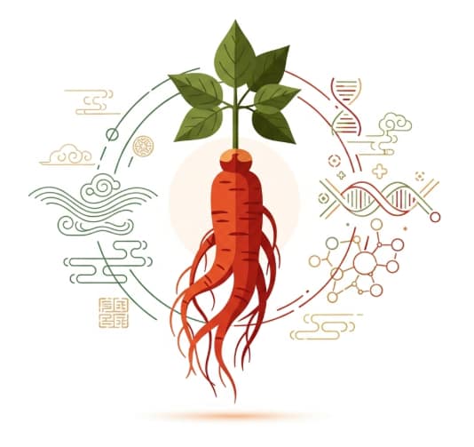Korean Red Ginseng roots and tea with immune shield icon symbolizing natural energy and immunity support.