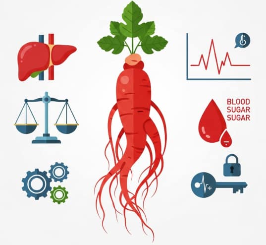 Korean Red Ginseng roots and tea with glucose meter symbolizing balanced blood sugar and natural insulin support.